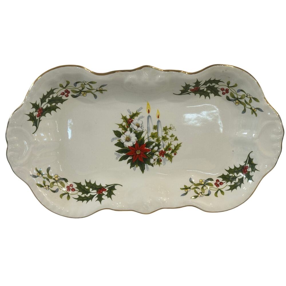 Aynsley & Co England Vintage Holly Berroes Poinsettia Candles Christmas Tray